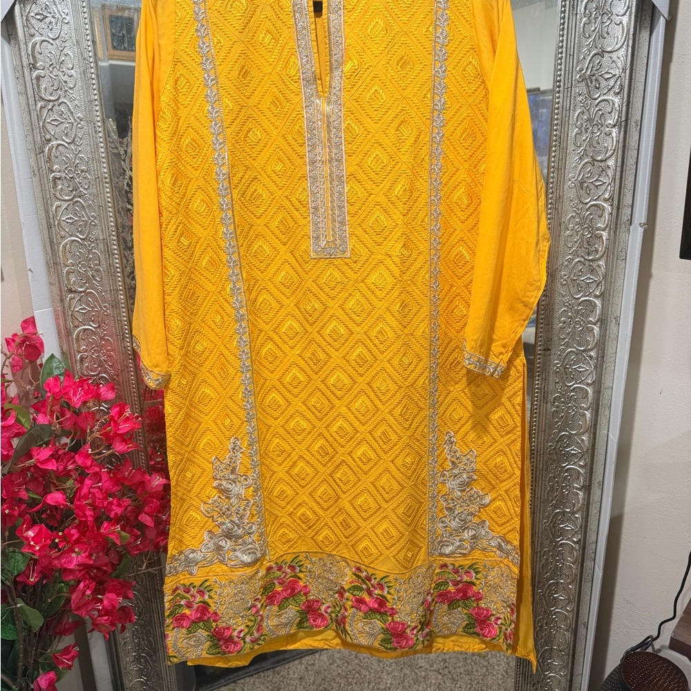 Yellow Embroidered Long Sleeve Dress with Floral Hem